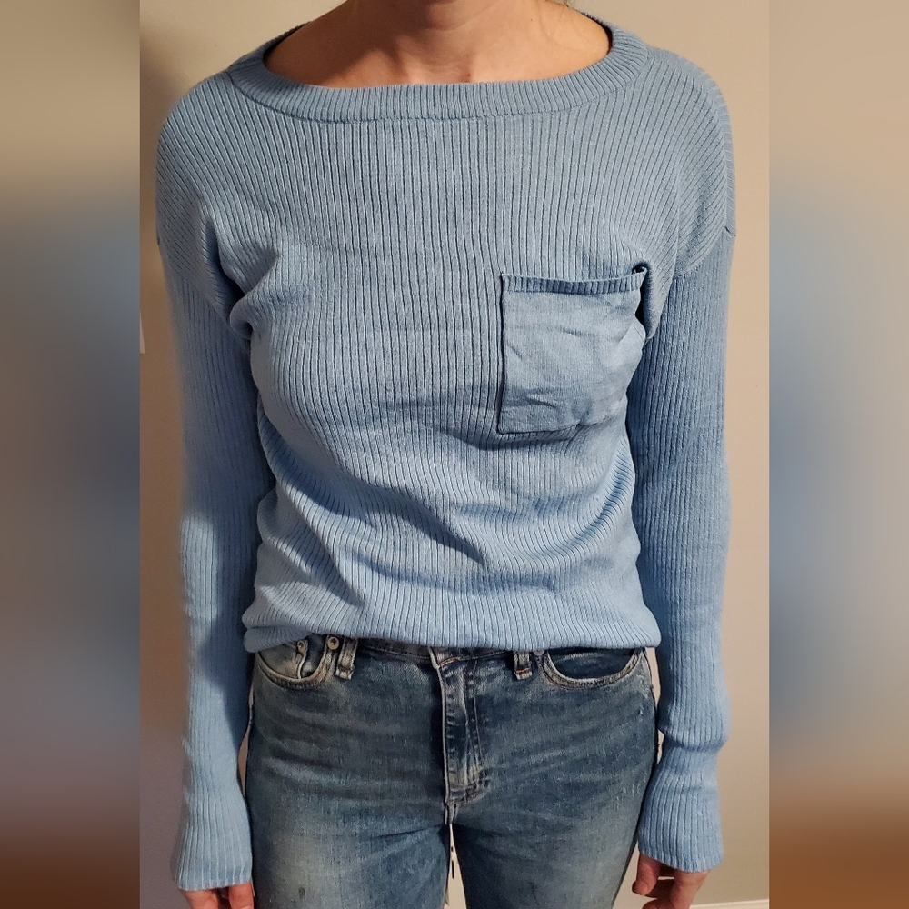 STYLE & CO LIGHT BLUE RIBBED KNIT SWEATER WITH POCKET SMALL